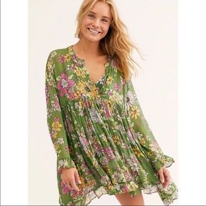 Free People Green Flowy Floral Mini Dress Long Sleeves Button Down